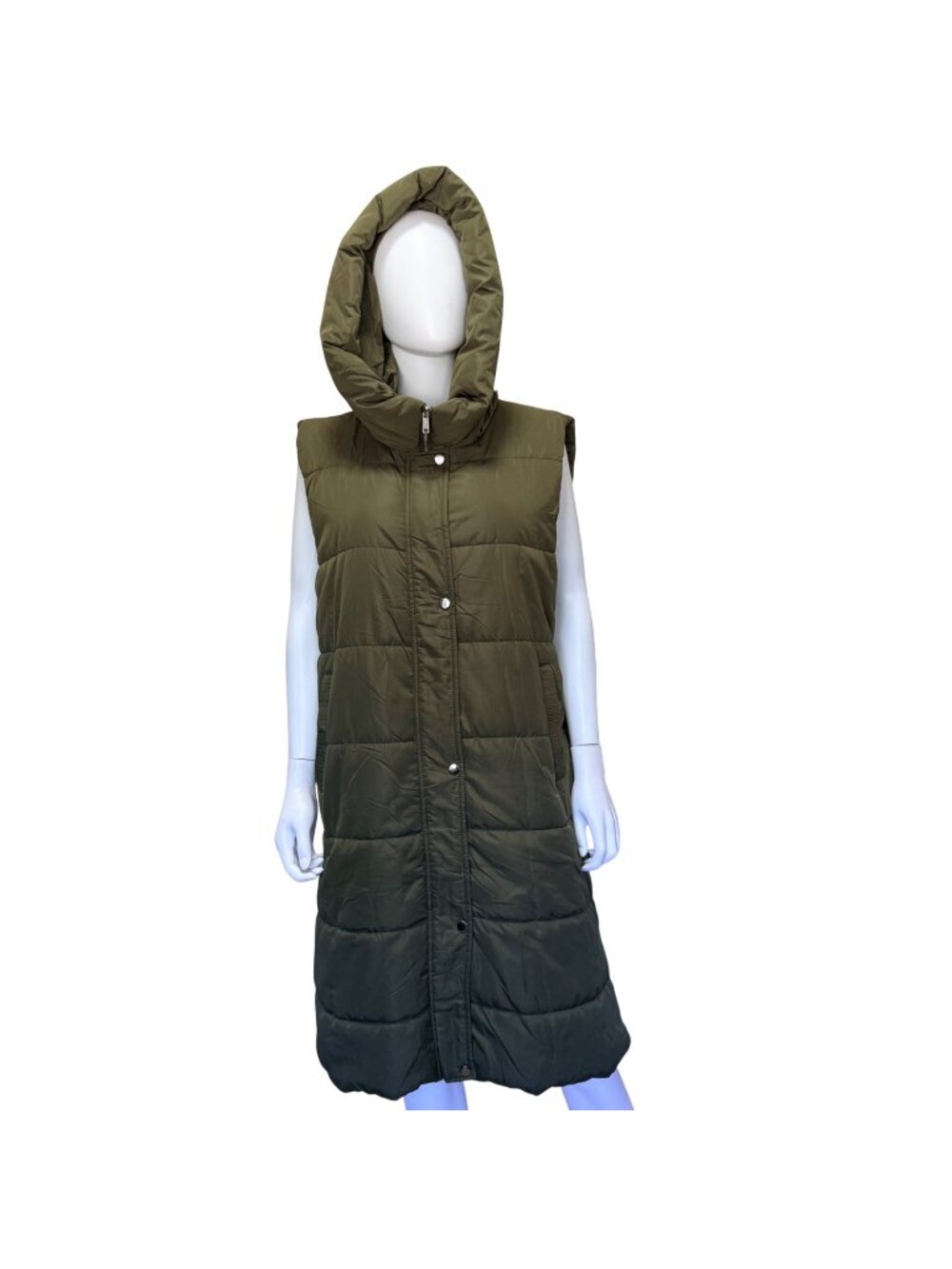 Womens Long Line Puffer Vest Hooded Olive Green XXL Zipper & Snap Closure